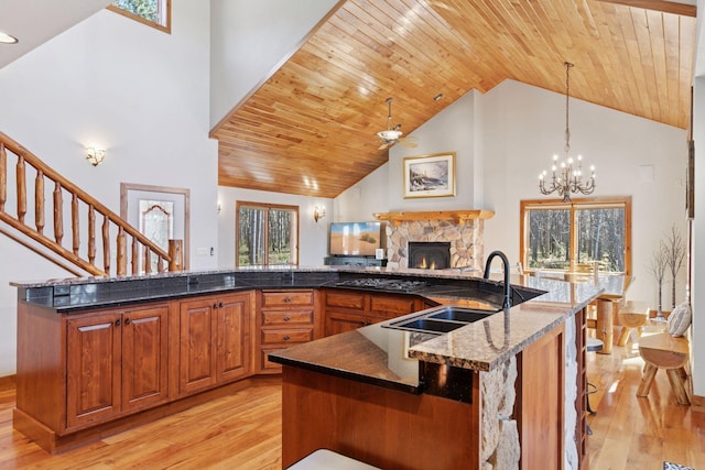 12640 Fawn Lake Rd, Crosslake, MN 56442 - kitchen featuring a sink, high vaulted ceiling, light wood-type flooring, wood ceiling, and a fireplace