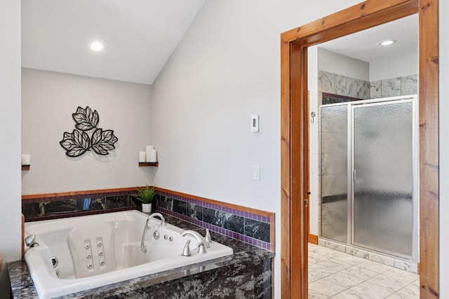 12640 Fawn Lake Rd, Crosslake, MN 56442 - bathroom featuring a shower stall, marble finish floors, a tub with jets, and recessed lighting