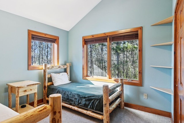 12640 Fawn Lake Rd, Crosslake, MN 56442 - carpeted bedroom with multiple windows, baseboards, and lofted ceiling