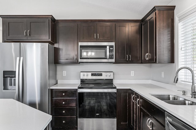 kitchen with appliances with stainless steel finishes, a sink, dark brown cabinetry, lofted ceiling, and light countertops