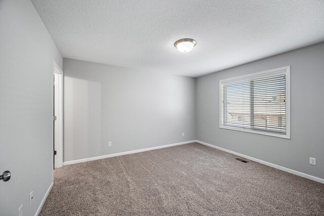 spare room with carpet, a textured ceiling, and baseboards