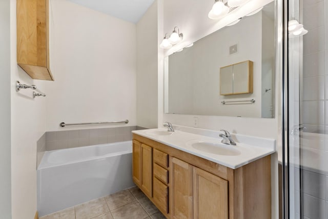 3709 Grand Way Unit 315, Saint Louis Park, MN 55416 - full bathroom featuring tile patterned floors, double vanity, a tub, and a shower with shower door