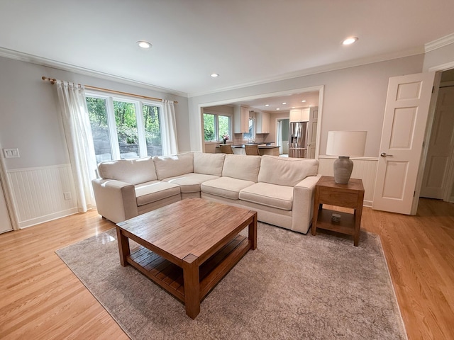14700 Minnehaha Pl, Minnetonka, MN 55391 - living area featuring ornamental molding, light wood-type flooring, wainscoting, and recessed lighting