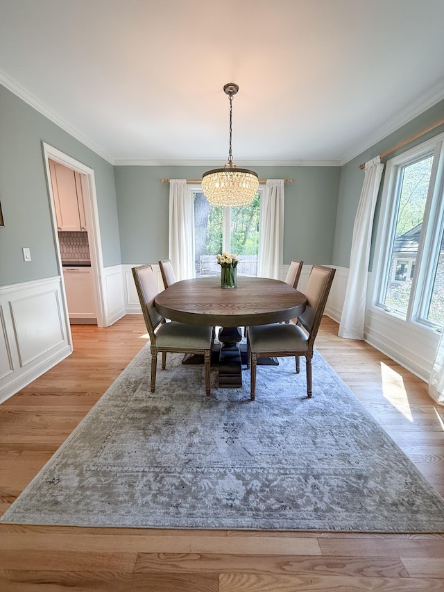 14700 Minnehaha Pl, Minnetonka, MN 55391 - dining room with a chandelier, ornamental molding, a wainscoted wall, a decorative wall, and light wood-type flooring