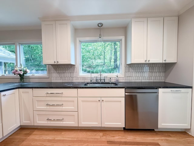 14700 Minnehaha Pl, Minnetonka, MN 55391 - kitchen featuring dishwasher, a sink, white cabinetry, and backsplash