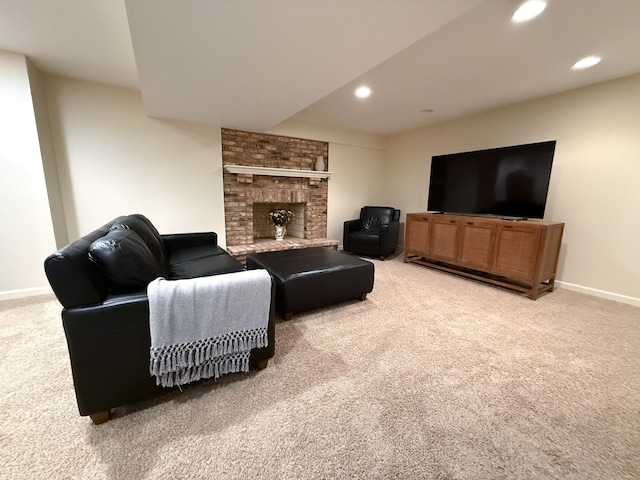 14700 Minnehaha Pl, Minnetonka, MN 55391 - living room featuring light colored carpet, baseboards, a fireplace, and recessed lighting