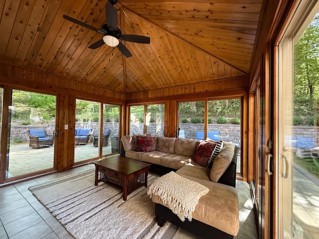 14700 Minnehaha Pl, Minnetonka, MN 55391 - sunroom / solarium with tile patterned flooring, wooden walls, wooden ceiling, and lofted ceiling