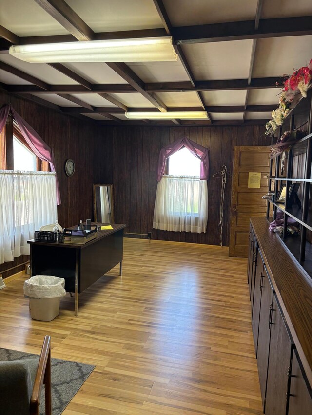 211 1st Ave, Osakis, MN 56360 - office area with wood walls, beamed ceiling, light wood-style flooring, and coffered ceiling
