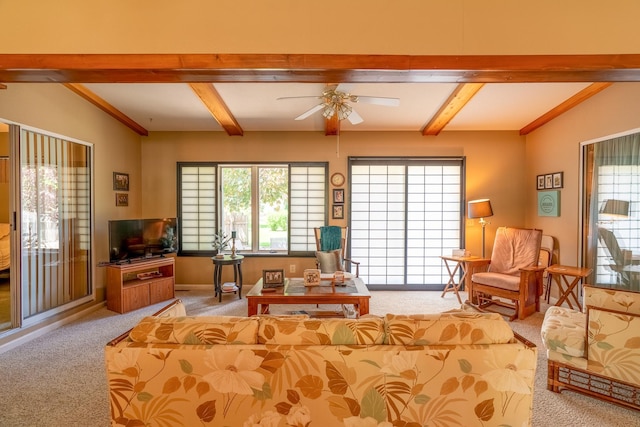 402 2nd Ave SE, Mapleton, MN 56065 - carpeted living room featuring beamed ceiling, plenty of natural light, ceiling fan, and baseboards