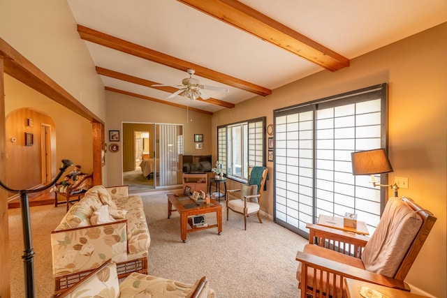 402 2nd Ave SE, Mapleton, MN 56065 - carpeted living room featuring ceiling fan and arched walkways