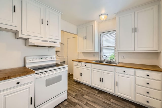 kitchen featuring white electric range oven, a sink, under cabinet range hood, and wooden counters