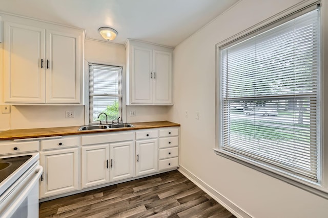 kitchen featuring a sink, wooden counters, dark wood finished floors, and white cabinetry