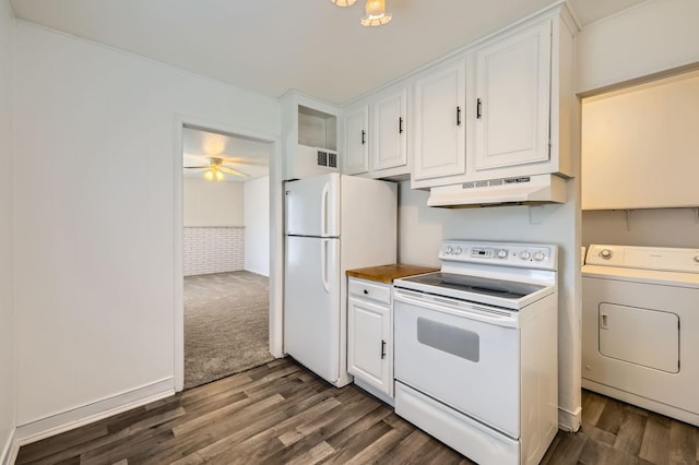 kitchen featuring washer / dryer, white appliances, under cabinet range hood, and white cabinetry