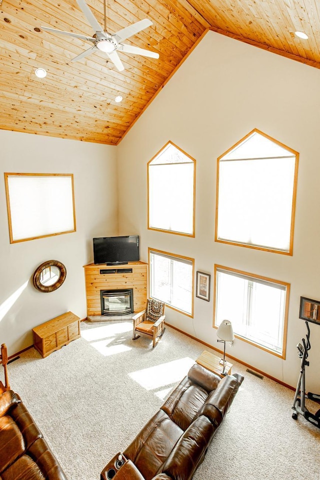 3425 100th Ave N, Moorhead, MN 56560 - living room with wood ceiling, carpet floors, ceiling fan, lofted ceiling, and recessed lighting