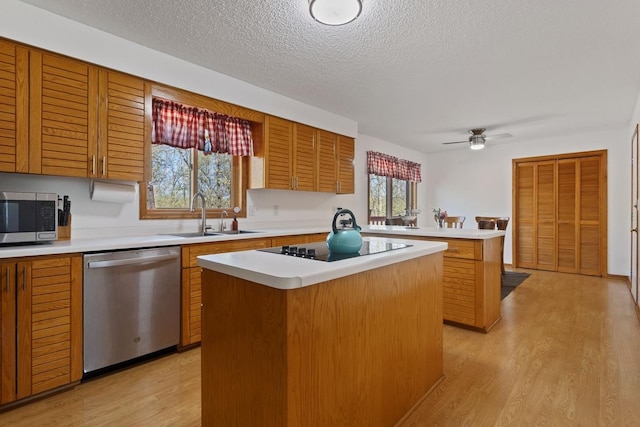 20441 Elmwood Rd, Lynden Twp, MN 55320 - kitchen featuring appliances with stainless steel finishes, a sink, a kitchen island, light wood-style flooring, and light countertops