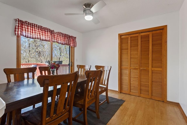 20441 Elmwood Rd, Lynden Twp, MN 55320 - dining room featuring light wood-type flooring, ceiling fan, and baseboards