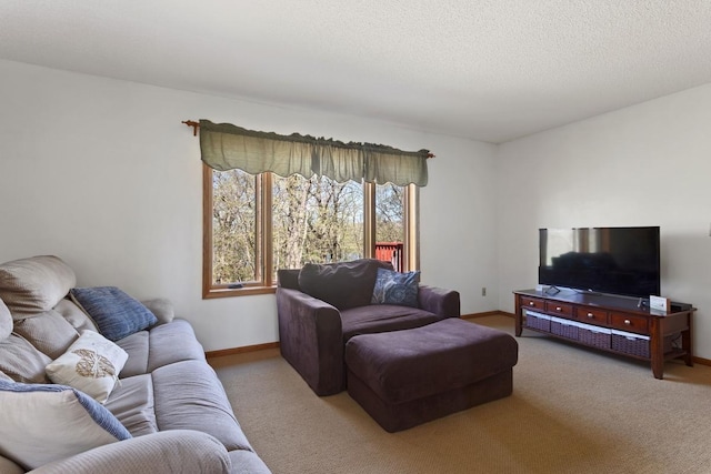 20441 Elmwood Rd, Lynden Twp, MN 55320 - carpeted living area with baseboards and a textured ceiling
