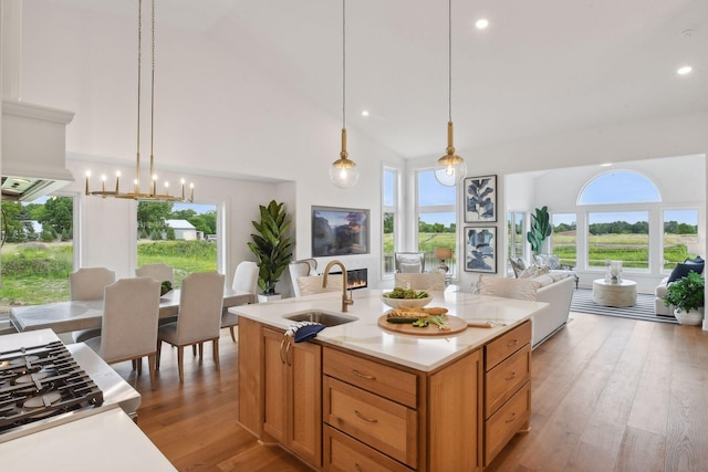 4505 Tovero Trl, Medina, MN 55340 - kitchen with a sink, high vaulted ceiling, light countertops, healthy amount of natural light, and open floor plan