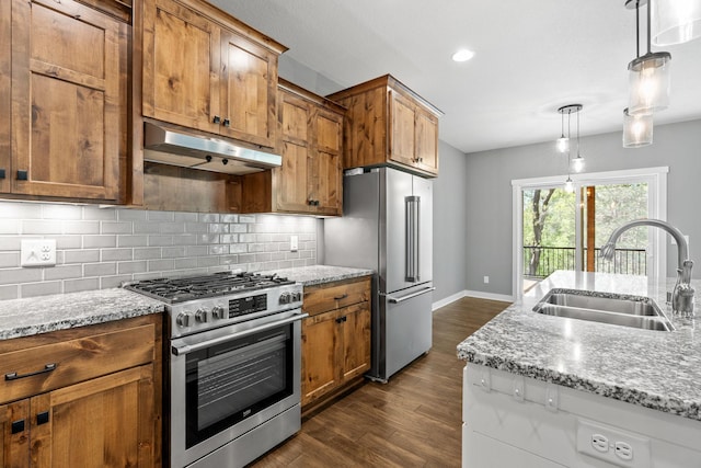 18041 224th Ave NW, Big Lake Twp, MN 55309 - kitchen with stainless steel appliances, a sink, under cabinet range hood, dark wood-style floors, and recessed lighting