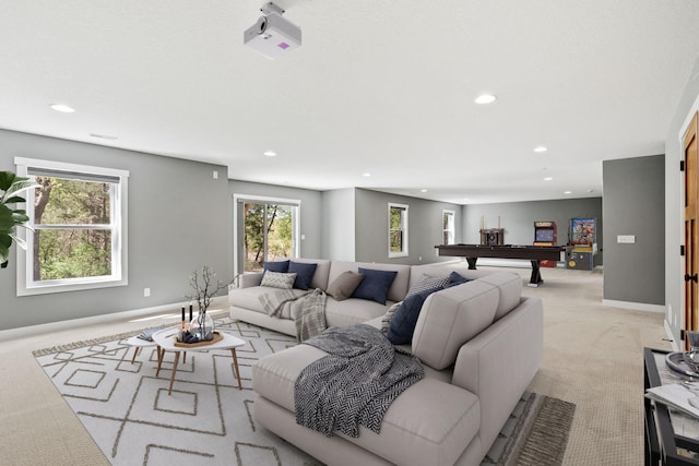 18041 224th Ave NW, Big Lake Twp, MN 55309 - living area with light carpet, recessed lighting, billiards table, and baseboards
