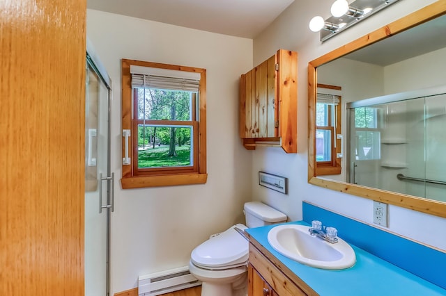 23620 Melissa Dr, Lake View Twp, MN 56501 - full bathroom featuring a baseboard heating unit, toilet, an enclosed shower, and vanity