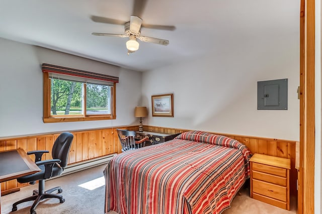 23620 Melissa Dr, Lake View Twp, MN 56501 - carpeted bedroom featuring electric panel, a wainscoted wall, wood walls, and a desk