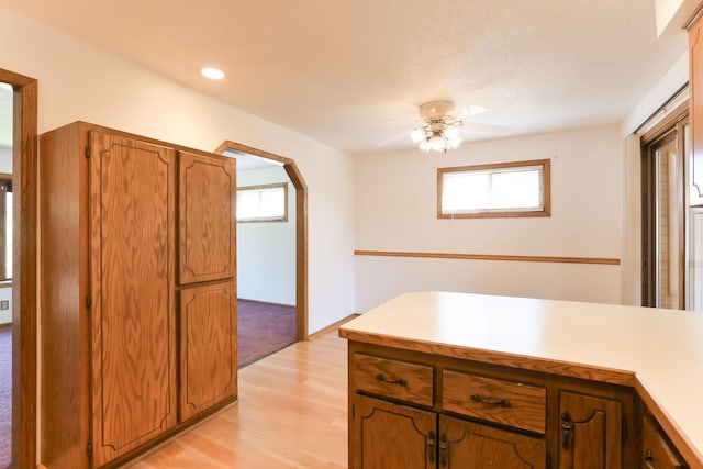 5391 Cottage Ave, White Bear Twp, MN 55110 - kitchen featuring plenty of natural light, light wood-style floors, ceiling fan, arched walkways, and recessed lighting