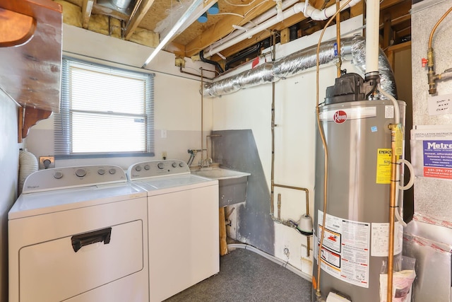 5391 Cottage Ave, White Bear Twp, MN 55110 - laundry room with gas water heater, washer and dryer, and dark carpet