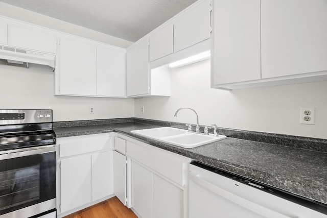 9018 Neill Lake Rd, Eden Prairie, MN 55347 - kitchen featuring stainless steel electric stove, dishwasher, a sink, under cabinet range hood, and dark countertops