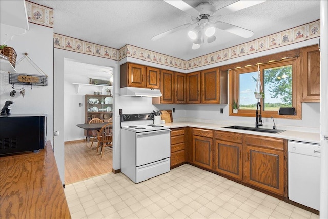 E7065 County Road B, Tainter Twp, WI 54730 - kitchen featuring white appliances, a sink, under cabinet range hood, light countertops, and ceiling fan