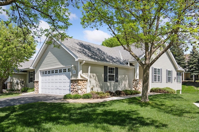 574 Marsh Dr, Delano, MN 55328 - ranch-style home featuring an attached garage, driveway, a front lawn, a shingled roof, and stone siding