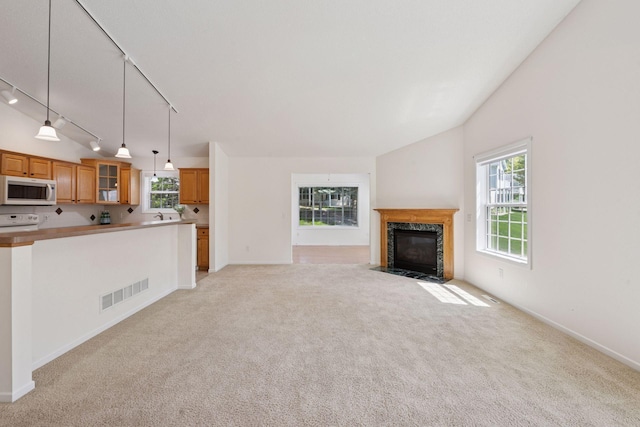 574 Marsh Dr, Delano, MN 55328 - unfurnished living room featuring light colored carpet, a high end fireplace, rail lighting, and baseboards