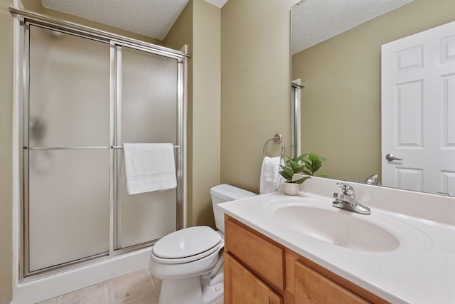 574 Marsh Dr, Delano, MN 55328 - bathroom featuring a textured ceiling, toilet, a stall shower, vanity, and tile patterned floors