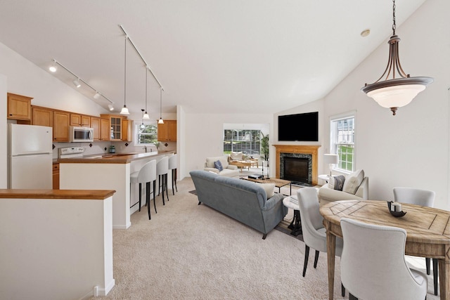 574 Marsh Dr, Delano, MN 55328 - living room featuring vaulted ceiling, light carpet, healthy amount of natural light, track lighting, and a glass covered fireplace