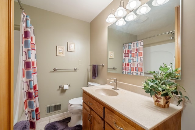 full bath with tile patterned floors, toilet, vanity, and a shower with shower curtain