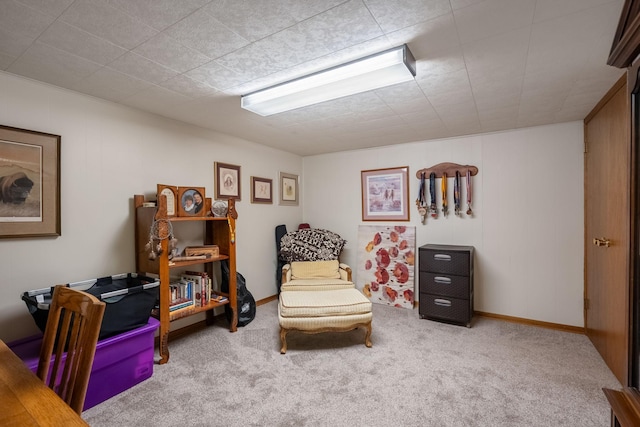sitting room featuring carpet and baseboards