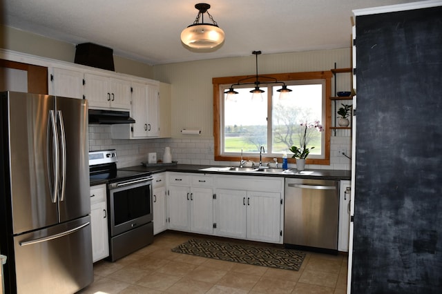 17976 120th Ave NE, North Twp, MN 56701 - kitchen with appliances with stainless steel finishes, a sink, dark countertops, under cabinet range hood, and tasteful backsplash