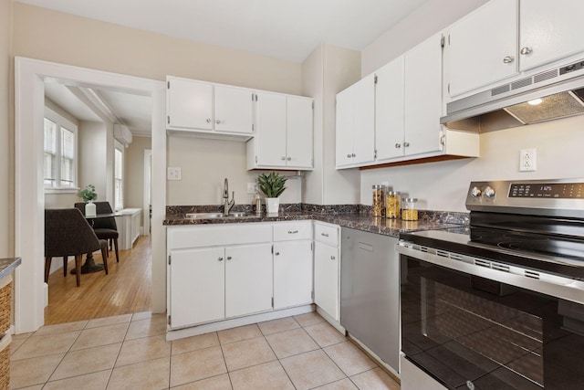 kitchen with stainless steel electric range oven, under cabinet range hood, a sink, and white cabinets