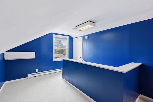 bonus room featuring a wall unit AC, a baseboard radiator, vaulted ceiling, baseboards, and carpet flooring