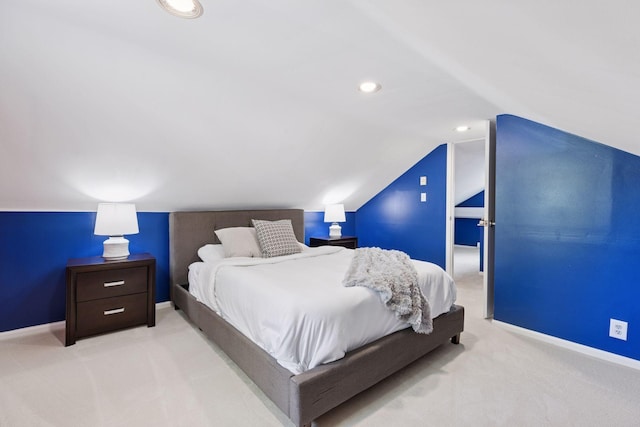 bedroom with light carpet, vaulted ceiling, baseboards, and recessed lighting