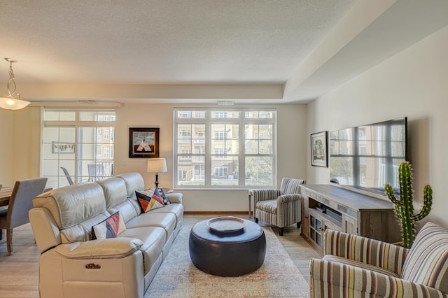 living room featuring light wood-type flooring, a textured ceiling, and baseboards