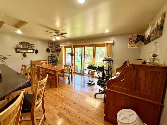 dining space with ceiling fan, light wood-style floors, and recessed lighting