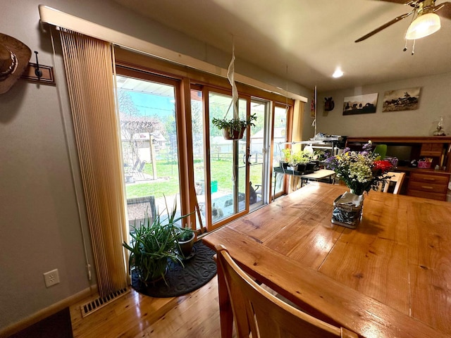dining room with ceiling fan and wood finished floors