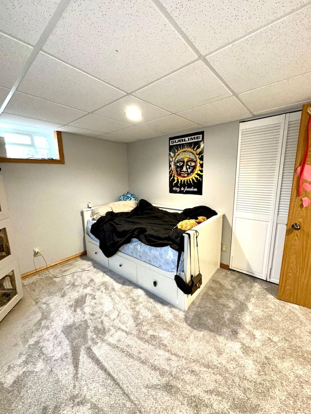 bedroom with a paneled ceiling, carpet floors, baseboards, and a closet