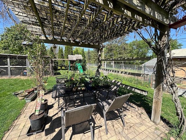 view of patio with a pergola, a playground, and outdoor dining area