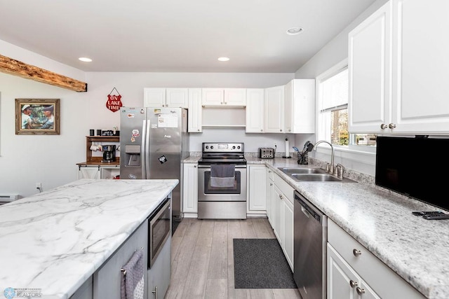 12606 Abbey Lake Ln, Lake View Twp, MN 56501 - kitchen with appliances with stainless steel finishes, a sink, light wood finished floors, recessed lighting, and white cabinetry