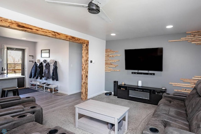 12606 Abbey Lake Ln, Lake View Twp, MN 56501 - living area featuring a ceiling fan, recessed lighting, wood finished floors, and baseboards