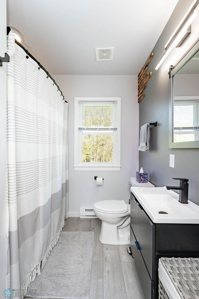 12606 Abbey Lake Ln, Lake View Twp, MN 56501 - full bathroom with wood finished floors, plenty of natural light, a baseboard heating unit, and toilet