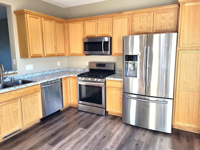 11305 Fergus St NE Unit D, Blaine, MN 55449 - kitchen with appliances with stainless steel finishes, a sink, dark wood-style flooring, and light brown cabinetry