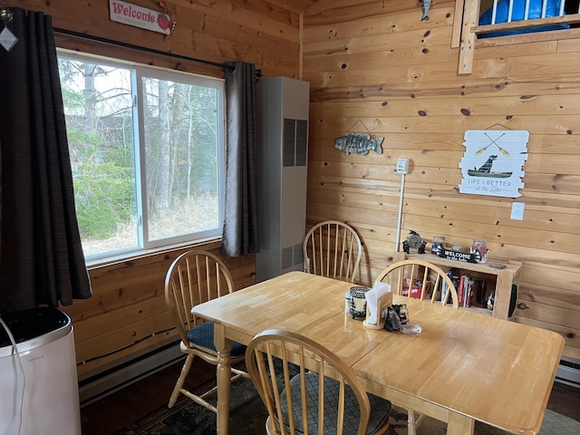 11749 Side Dr, Fine Lakes Twp, MN 55798 - dining space featuring wood walls and a heating unit